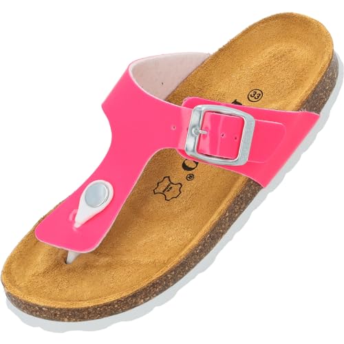 Palado Zehentrenner Mädchen Kids Kos Lack - coole Sandalen - bequeme Hausschuhe mit trendigen Farben - modische Sommerschuhe mit Kork-Fußbett Pink Neon Lack EU37 von Palado