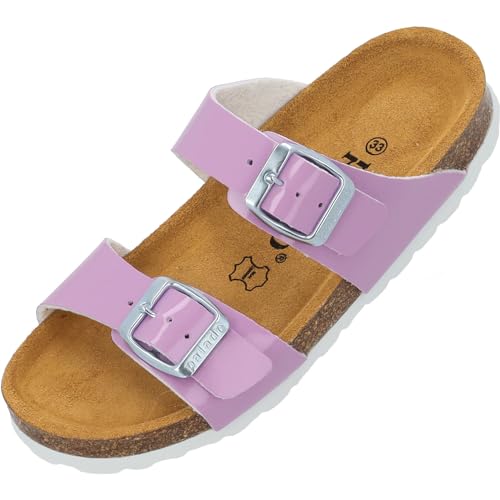 Palado Kinder Pantoletten Samos G Basic - Mädchen Sandalen mit verstellbaren Riemen - bequeme Schuhe mit Sohle aus feinstem Veloursleder - Hausschuhe mit Natur Kork-Fußbett Flieder Lack EU37 von Palado