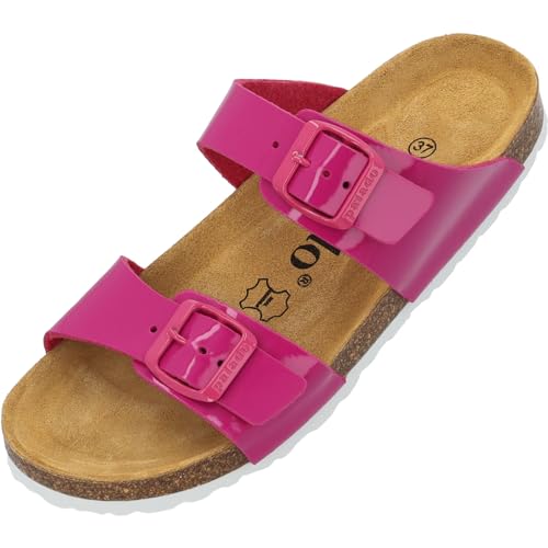 Palado Kinder Pantoletten Samos G Basic - Mädchen Sandalen mit verstellbaren Riemen - bequeme Schuhe mit Sohle aus feinstem Veloursleder - Hausschuhe mit Natur Kork-Fußbett Magenta Lack EU35 von Palado