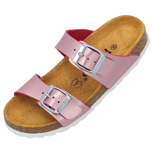 Palado Kinder Pantoletten Samos G Basic - Mädchen Sandalen mit verstellbaren Riemen - bequeme Schuhe mit Sohle aus feinstem Veloursleder - Hausschuhe mit Natur Kork-Fußbett Pink Metallic EU36 von Palado