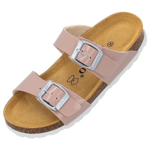 Palado Kinder Pantoletten Samos G Basic - Mädchen Sandalen mit verstellbaren Riemen - bequeme Schuhe mit Sohle aus feinstem Veloursleder - Hausschuhe mit Natur Kork-Fußbett Rosa Lack EU35 von Palado