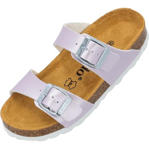 Palado Kinder Pantoletten Samos G Basic - Mädchen Sandalen mit verstellbaren Riemen - bequeme Schuhe mit Sohle aus feinstem Veloursleder - Hausschuhe mit Natur Kork-Fußbett Rose Metallic EU32 von Palado