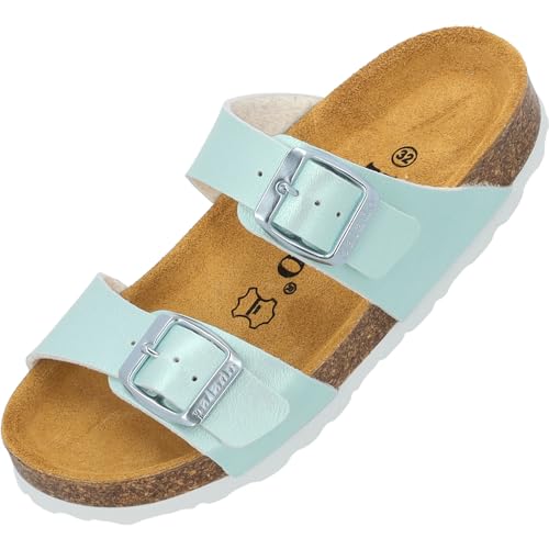 Palado Kinder Pantoletten Samos G Basic - Mädchen Sandalen mit verstellbaren Riemen - bequeme Schuhe mit Sohle aus feinstem Veloursleder - Hausschuhe mit Natur Kork-Fußbett Türkis Metallic EU32 von Palado