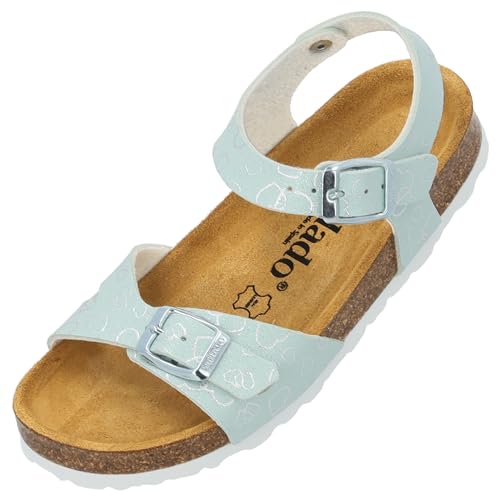 Palado Kinder Pantoletten Tarviso G Love - Mädchen Sandalen mit verstellbaren Riemen - bequeme Schuhe mit Sohle aus feinstem Veloursleder - Hausschuhe mit Natur Kork-Fußbett Türkis EU30 von Palado