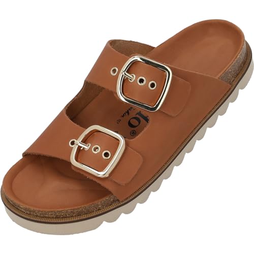 Palado Korfu Niete by Sila Sahin Damen Pantoletten - modische 1 Riemer Sandalen - Hausschuhe mit Natur Kork-Fussbett - bequeme Schuhe mit Sohle aus feinstem Velourleder Braun UK5,5 - EU38 von Palado