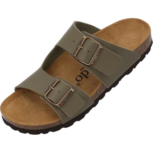 Palado Pantoletten Damen Kormos - bequeme Sandalen Made in Spain - Hausschuhe mit dämpfendem Kork-Fußbett - modische Sommerschuhe Khaki UK4,5 - EU37 von Palado