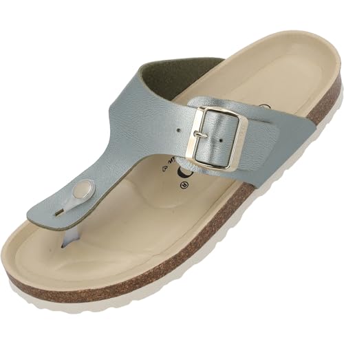 Palado Kos BEGS by Sila Sahin Damen Pantoletten - modische Zehentrenner Sandalen - Hausschuhe mit Natur Kork-Fussbett - bequeme Schuhe mit Sohle aus feinstem Velourleder Olive Metallic UK7 - EU40 von Palado