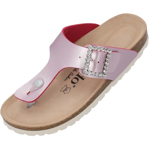 Palado Kos SQ by Sila Sahin Damen Pantoletten - modische Zehentrenner Sandalen - Hausschuhe mit Natur Kork-Fussbett - bequeme Schuhe mit Sohle aus feinstem Velourleder Pink Metallic UK5,5 - EU38 von Palado