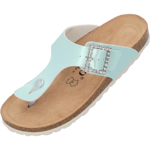 Palado Kos SQ by Sila Sahin Damen Pantoletten - modische Zehentrenner Sandalen - Hausschuhe mit Natur Kork-Fussbett - bequeme Schuhe mit Sohle aus feinstem Velourleder Türkis Metallic UK8 - EU41 von Palado