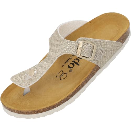 Palado Kos Tiffany by Sila Sahin Damen Pantoletten - modische Zehentrenner Sandalen - Hausschuhe mit Natur Kork-Fussbett - bequeme Schuhe mit Sohle aus feinstem Velourleder Gold UK3,5 - EU36 von Palado