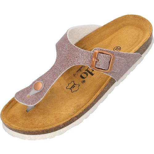 Palado Kos Tiffany by Sila Sahin Damen Pantoletten - modische Zehentrenner Sandalen - Hausschuhe mit Natur Kork-Fussbett - bequeme Schuhe mit Sohle aus feinstem Velourleder Rosa UK3,5 - EU36 von Palado