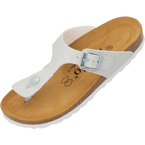 Palado Kos Tiffany by Sila Sahin Damen Pantoletten - modische Zehentrenner Sandalen - Hausschuhe mit Natur Kork-Fussbett - bequeme Schuhe mit Sohle aus feinstem Velourleder Weiß UK6 - EU39 von Palado