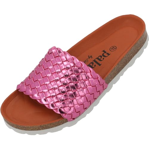 Palado Lerima by Sila Sahin Damen Pantoletten - modische 1 Riemer Sandalen mit Natur Kork-Fussbett - bequeme Schuhe mit Sohle aus feinstem Velourleder Pink Metallic UK6 - EU39 von Palado