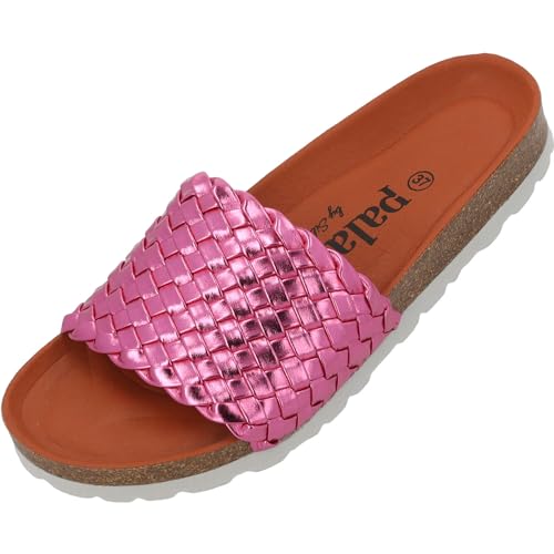 Palado Lerima by Sila Sahin Damen Pantoletten - modische 1 Riemer Sandalen - Hausschuhe mit Natur Kork-Fussbett - bequeme Schuhe mit Sohle aus feinstem Velourleder Pink Metallic UK9 - EU42 von Palado