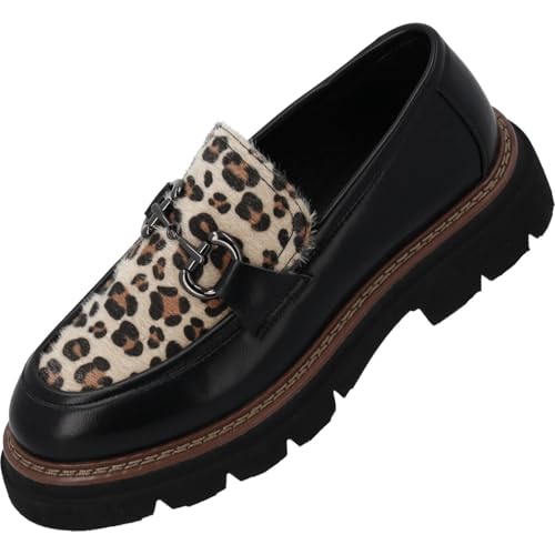 Palado Loafer Damen Alyndra - trendiger Slipper - bequeme Halbschuhe - modische Sommerschuhe Schwarz/Leo Beige UK5,5 - EU38 von Palado