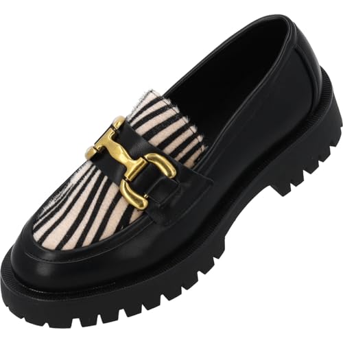 Palado Loafer Damen Iolena - modischer Slipper mit trendigem Zebramuster - elegante Halbschuhe - Sommerschuhe - modisch und bequem Schwarz/Zebra Beige UK5,5 - EU38 von Palado