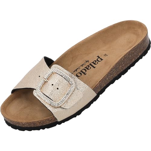 Palado Malta BX by Sila Sahin Damen Pantoletten - modische 1 Riemer Sandalen - Hausschuhe mit Natur Kork-Fussbett - bequeme Schuhe mit Sohle aus feinstem Velourleder Gold Metallic UK5,5 - EU38 von Palado