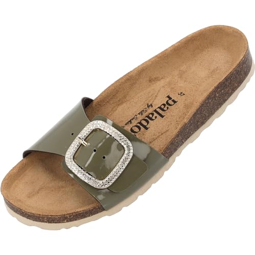 Palado Malta BX by Sila Sahin Damen Pantoletten - modische 1 Riemer Sandalen - Hausschuhe mit Natur Kork-Fussbett - bequeme Schuhe mit Sohle aus feinstem Velourleder Khaki Lack UK5,5 - EU38 von Palado