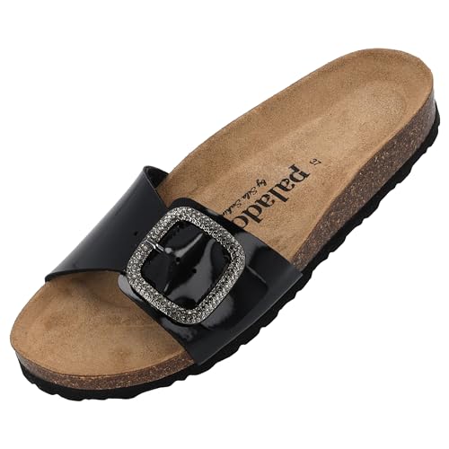 Palado Malta BX by Sila Sahin Damen Pantoletten - modische 1 Riemer Sandalen - Hausschuhe mit Natur Kork-Fussbett - bequeme Schuhe mit Sohle aus feinstem Velourleder Schwarz Lack UK3,5 - EU36 von Palado