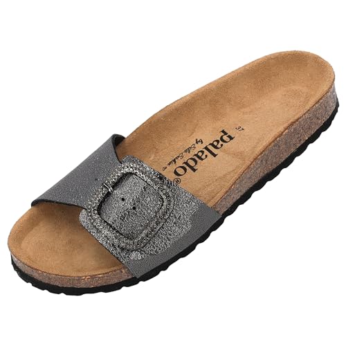 Palado Malta BX by Sila Sahin Damen Pantoletten - modische 1 Riemer Sandalen - Hausschuhe mit Natur Kork-Fussbett - bequeme Schuhe mit Sohle aus feinstem Velourleder Silber Metallic UK9 - EU42 von Palado