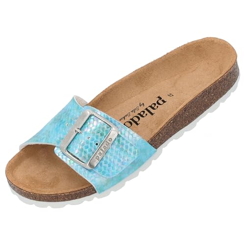 Palado Malta EGS Aurora by Sila Sahin Damen Pantoletten - modische Sandalen - Hausschuhe mit Natur Kork-Fussbett - bequeme Schuhe mit Sohle aus feinstem Velourleder Blau UK3,5 - EU36 von Palado