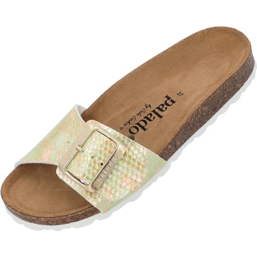 Palado Pantoletten Damen Malta EGS Aurora by Sila Sahin – elegante Sandalen Made in Spain - bequeme Hausschuhe mit Kork-Fußbett - modische Sommerschuhe Gelb UK5,5 - EU38 von Palado