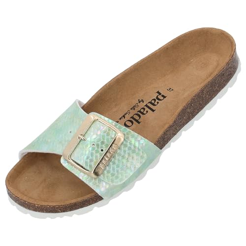 Palado Malta EGS Aurora by Sila Sahin Damen Pantoletten - modische Sandalen - Hausschuhe mit Natur Kork-Fussbett - bequeme Schuhe mit Sohle aus feinstem Velourleder Grün UK8 - EU41 von Palado