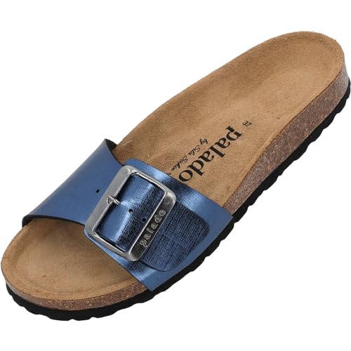 Palado Malta EGS Caro by Sila Sahin Damen Pantoletten - modische 1 Riemer Sandalen - Hausschuhe mit Natur Kork-Fussbett - bequeme Schuhe mit Sohle aus feinstem Velourleder Blau UK6 - EU39 von Palado