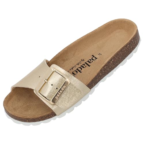 Palado Malta EGS Caro by Sila Sahin Damen Pantoletten - modische 1 Riemer Sandalen - Hausschuhe mit Natur Kork-Fussbett - bequeme Schuhe mit Sohle aus feinstem Velourleder Gold UK4,5 - EU37 von Palado