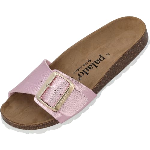 Palado Malta EGS Caro by Sila Sahin Damen Pantoletten - modische 1 Riemer Sandalen - Hausschuhe mit Natur Kork-Fussbett - bequeme Schuhe mit Sohle aus feinstem Velourleder Rosa UK5,5 - EU38 von Palado