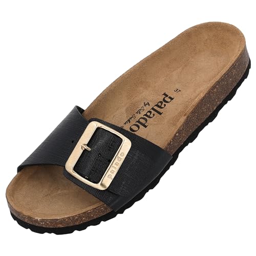 Palado Malta EGS Caro by Sila Sahin Damen Pantoletten - modische 1 Riemer Sandalen - Hausschuhe mit Natur Kork-Fussbett - bequeme Schuhe mit Sohle aus feinstem Velourleder Schwarz UK6 - EU39 von Palado