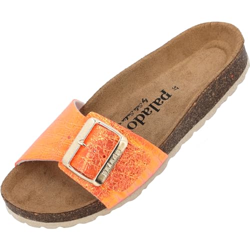 Palado Malta EGS Disco by Sila Sahin Damen Pantoletten - modische Sandalen - Hausschuhe mit Natur Kork-Fussbett - bequeme Schuhe mit Sohle aus feinstem Velourleder Orange UK4,5 - EU37 von Palado