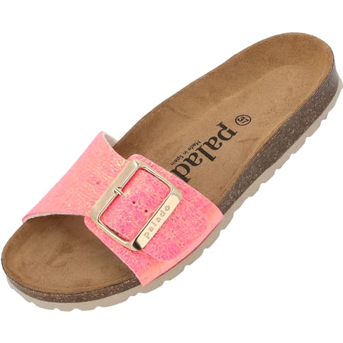 Palado Malta EGS Disco by Sila Sahin Damen Pantoletten - modische Sandalen - Hausschuhe mit Natur Kork-Fussbett - bequeme Schuhe mit Sohle aus feinstem Velourleder Pink UK6 - EU39 von Palado