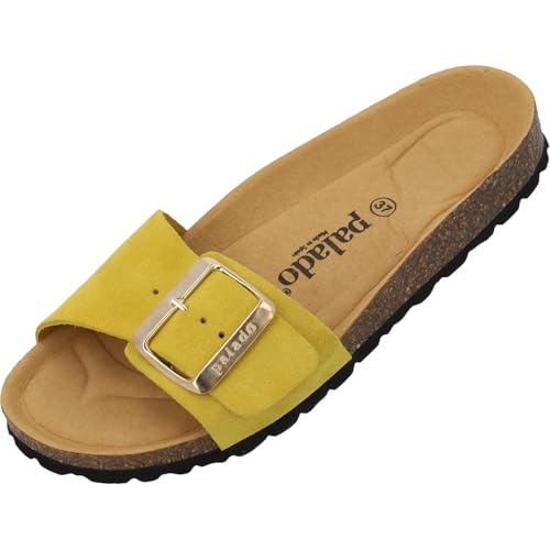 Palado Pantoletten Damen Malta EGS Mono Velours - modische Sandalen Made in Spain - elegante Hausschuhe mit Kork-Fußbett - bequeme Sommerschuhe Gelb UK6 - EU39 von Palado
