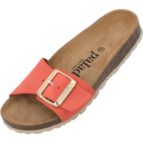 Palado Malta EGS Suede Premium Leather Damen Pantoletten - modische Sandalen - Hausschuhe mit Natur Kork-Fussbett - Schuhe mit Sohle aus Velourleder Orange UK4,5 - EU37 von Palado