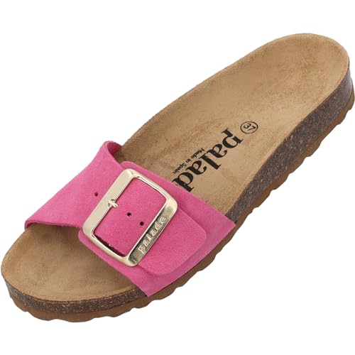 Palado Malta EGS Suede Premium Leather Damen Pantoletten - modische Sandalen - Hausschuhe mit Natur Kork-Fussbett - Schuhe mit Sohle aus Velourleder Pink UK5,5 - EU38 von Palado