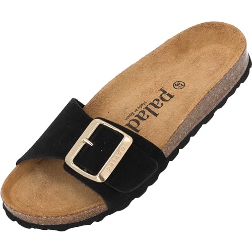 Palado Malta EGS Suede Premium Leather Damen Pantoletten - modische Sandalen - Hausschuhe mit Natur Kork-Fussbett - Schuhe mit Sohle aus Velourleder Schwarz UK3,5 - EU36 von Palado