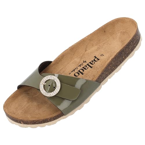 Palado Malta RD by Sila Sahin Damen Pantoletten - modische 1 Riemer Sandalen mit Glitzern - Hausschuhe mit Natur Kork-Fussbett - Sohle aus feinstem Velourleder Khaki Lack UK5,5 - EU38 von Palado