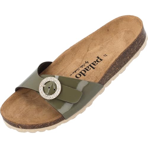 Palado Pantoletten Damen Malta RD by Sila Sahin – bequeme Sandalen Made in Spain - Hausschuhe mit runder Glitzerschnalle - modische Sommerschuhe mit Kork-Fußbett Khaki Lack UK7 - EU40 von Palado