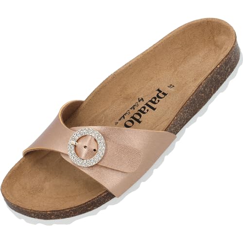 Palado Pantoletten Damen Malta RD by Sila Sahin – bequeme Sandalen Made in Spain - Hausschuhe mit runder Glitzerschnalle - modische Sommerschuhe mit Kork-Fußbett Kupfer Metallic UK6 - EU39 von Palado
