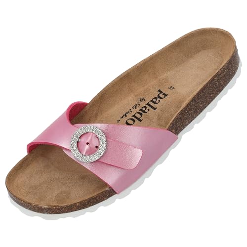 Palado Malta RD by Sila Sahin Damen Pantoletten - modische 1 Riemer Sandalen mit Glitzern - Hausschuhe mit Natur Kork-Fussbett - Sohle aus feinstem Velourleder Pink Metallic UK8 - EU41 von Palado