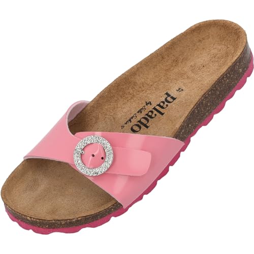 Palado Malta RD by Sila Sahin Damen Pantoletten - modische 1 Riemer Sandalen mit Glitzern - Hausschuhe mit Natur Kork-Fussbett - Sohle aus feinstem Velourleder Rosa Lack UK4,5 - EU37 von Palado