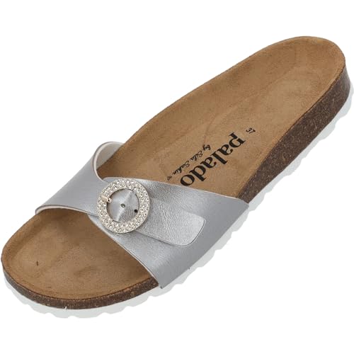 Palado Malta RD by Sila Sahin Damen Pantoletten - modische 1 Riemer Sandalen mit Glitzern - Hausschuhe mit Natur Kork-Fussbett - Sohle aus feinstem Velourleder Silber Metallic UK4,5 - EU37 von Palado