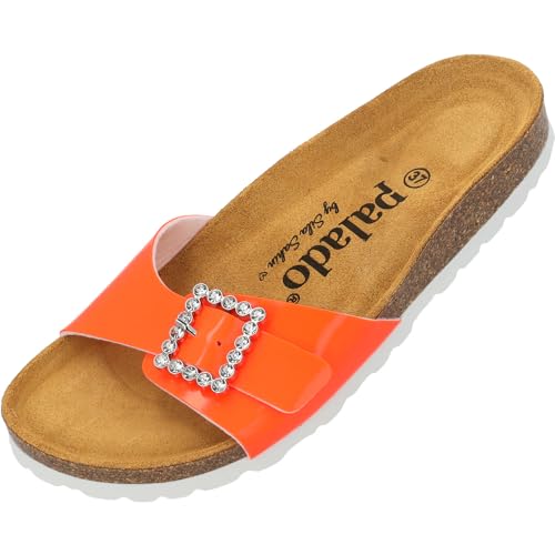 Palado Malta SQ by Sila Sahin Damen Pantoletten - modische 1 Riemer Sandalen - Hausschuhe mit Natur Kork-Fussbett - bequeme Schuhe mit Sohle aus feinstem Velourleder Orange Neon Lack UK3,5 - EU36 von Palado