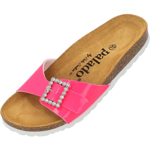 Palado Malta SQ by Sila Sahin Damen Pantoletten - modische 1 Riemer Sandalen - Hausschuhe mit Natur Kork-Fussbett - bequeme Schuhe mit Sohle aus feinstem Velourleder Pink Neon Lack UK4,5 - EU37 von Palado