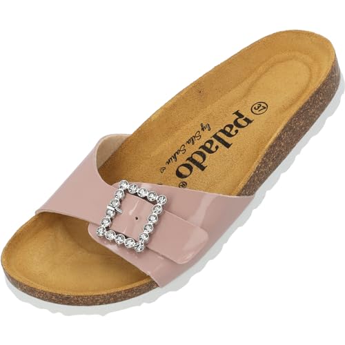 Palado Malta SQ by Sila Sahin Damen Pantoletten - modische 1 Riemer Sandalen - Hausschuhe mit Natur Kork-Fussbett - bequeme Schuhe mit Sohle aus feinstem Velourleder Rosa Lack UK6 - EU39 von Palado