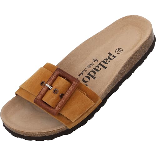 Palado Malta Wood by Sila Sahin Damen Pantoletten - modische 1 Riemer Sandalen - Hausschuhe mit Natur Kork-Fussbett - bequeme Schuhe mit Sohle aus feinstem Velourleder Braun UK4,5 - EU37 von Palado