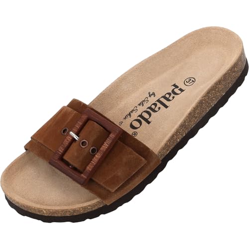 Palado Malta Wood by Sila Sahin Damen Pantoletten - modische 1 Riemer Sandalen - Hausschuhe mit Natur Kork-Fussbett - bequeme Schuhe mit Sohle aus feinstem Velourleder Dunkelbraun UK4,5 - EU37 von Palado