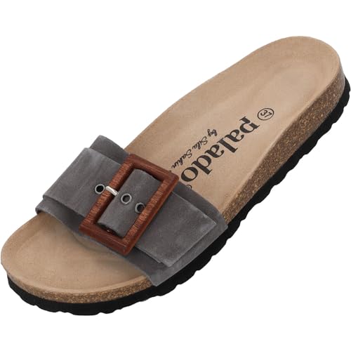 Palado Malta Wood by Sila Sahin Damen Pantoletten - modische 1 Riemer Sandalen - Hausschuhe mit Natur Kork-Fussbett - bequeme Schuhe mit Sohle aus feinstem Velourleder Grau UK6 - EU39 von Palado