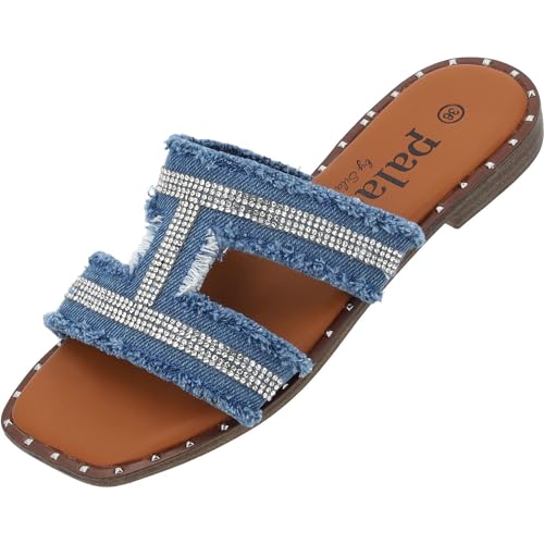 Palado Otina by Sila Sahin flache Sandalen Damen - elegante Pantoletten für Frauen - modische Slides flat - Sandalen mit Stoff Jeansblau UK7 - EU40 von Palado